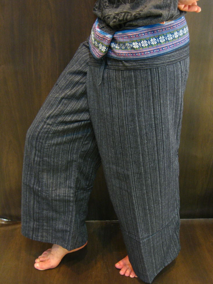 Unisex Black Thai Pin Stripe Cotton Fisherman Pants