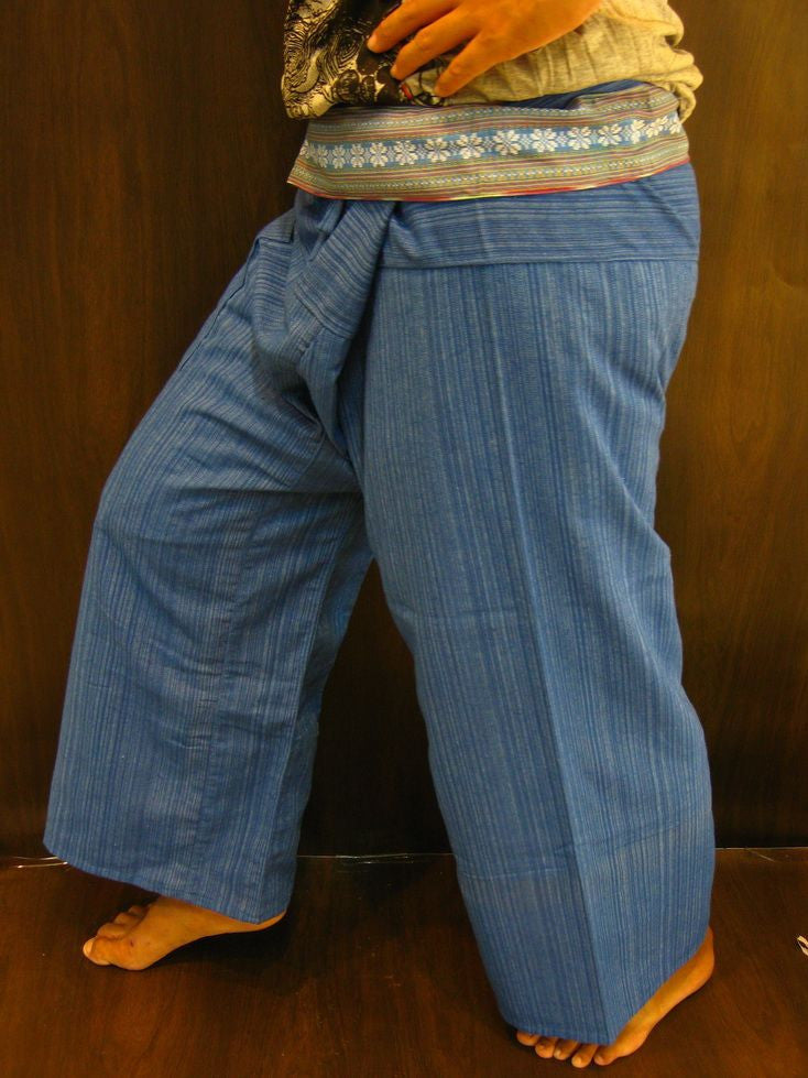 Unisex Blue Thai Pin Stripe Cotton Fisherman Pants