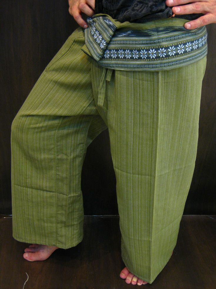 Unisex Green Thai Pin Stripe Cotton Fisherman Pants