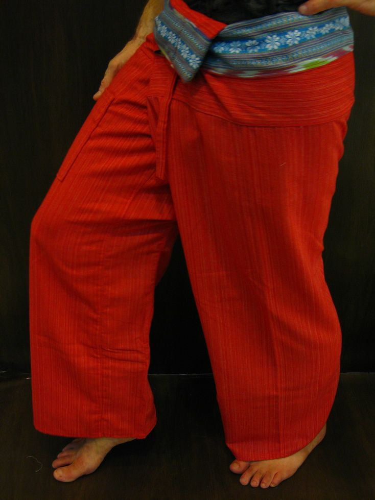 Unisex Red Thai Pin Stripe Cotton Fisherman Pants