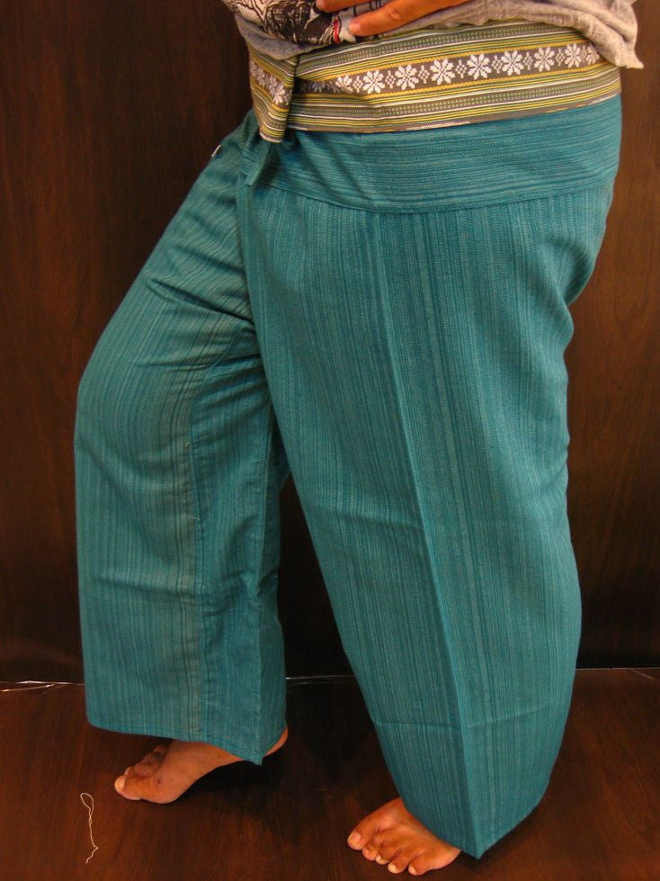 Unisex Turquoise Thai Pin Stripe Cotton Fisherman Pants