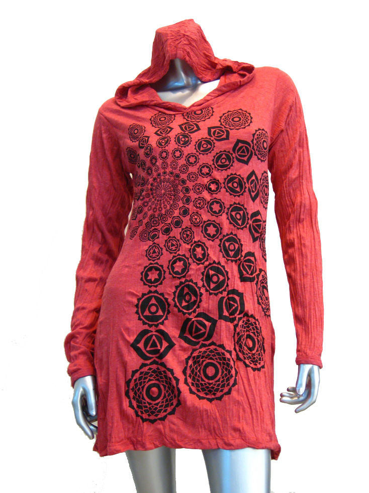 Womens Red Chakra Fractal Hoodie Dress