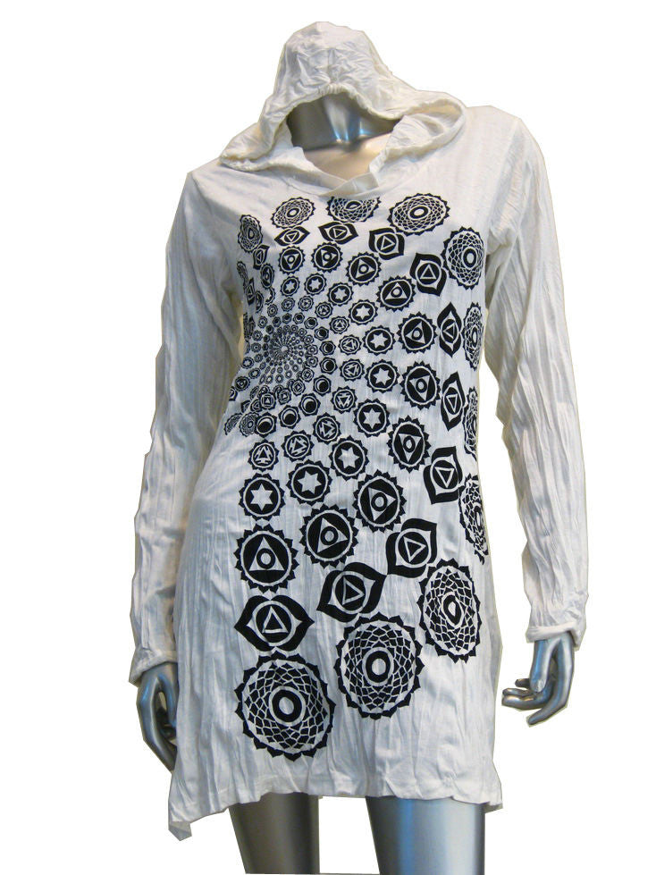 Womens White Chakra Fractal Hoodie Dress