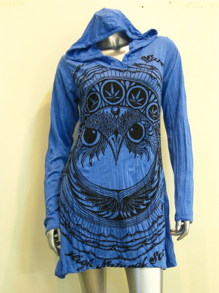 Womens Blue Weed Owl Hoodie Dress