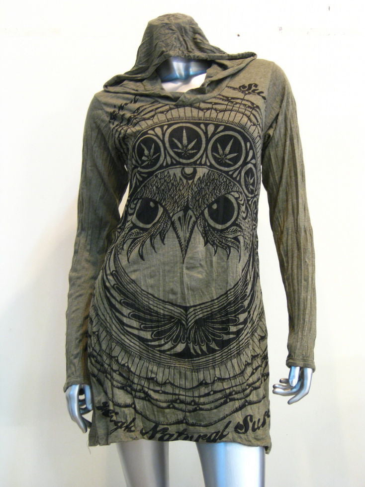 Womens Green Weed Owl Hoodie Dress