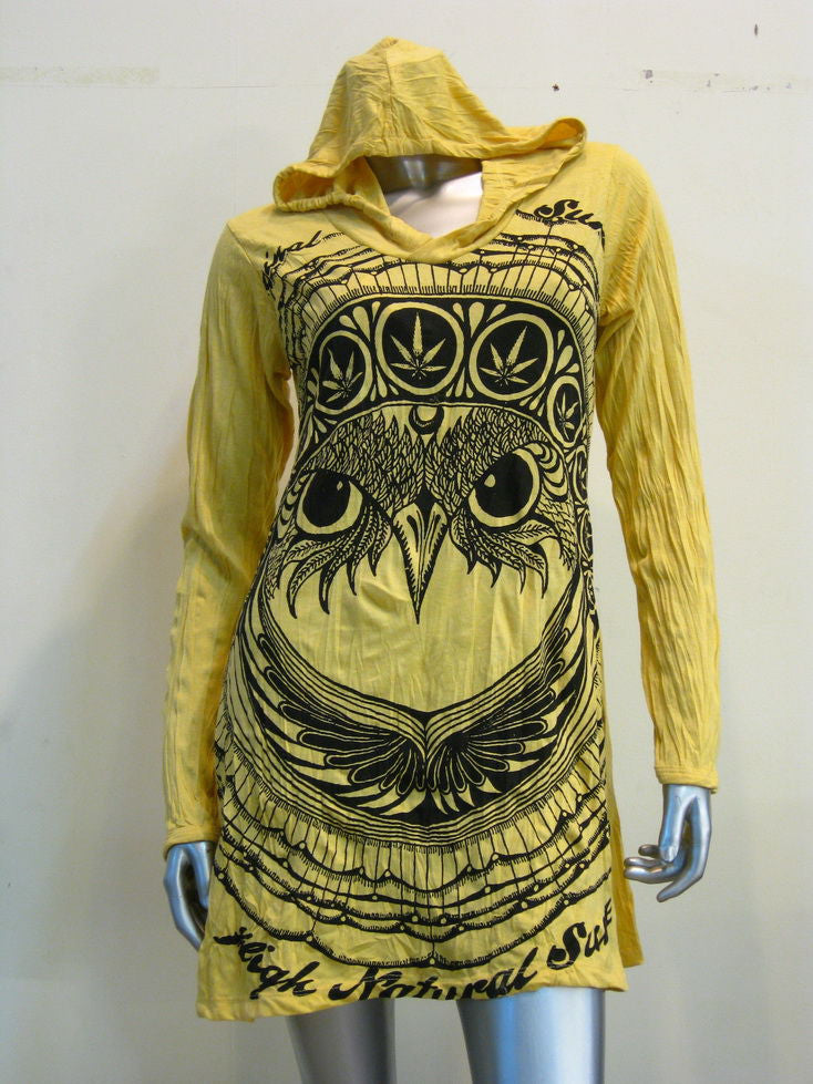 Womens Yellow Weed Owl Hoodie Dress