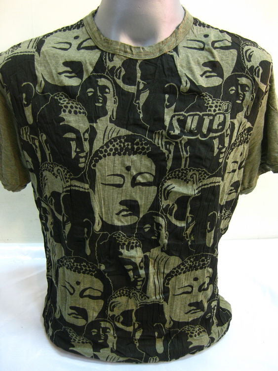 Mens Green Multi Buddha Faces T-Shirt