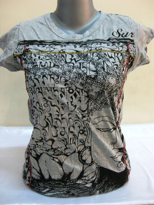 Womens Gray Sanskrit Buddha T-Shirt