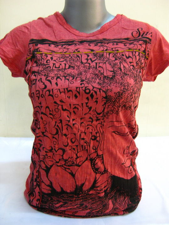 Womens Red Sanskrit Buddha T-Shirt