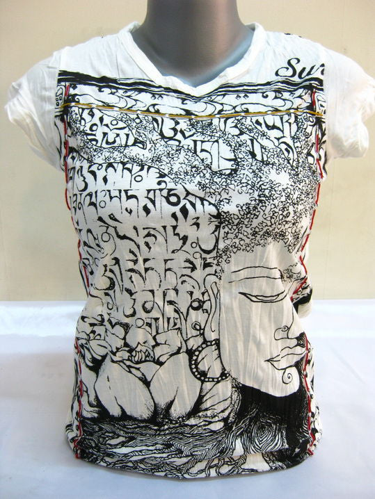 Womens White Sanskrit Buddha T-Shirt