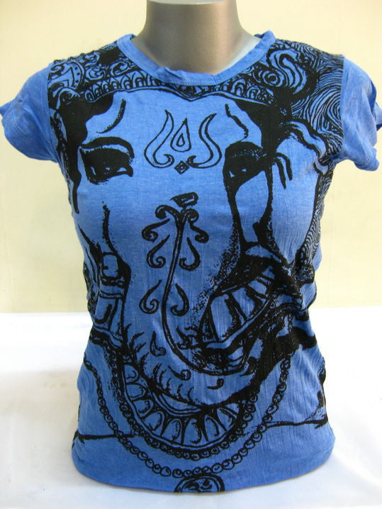 Womens Blue Big Face Ganesh T-Shirt
