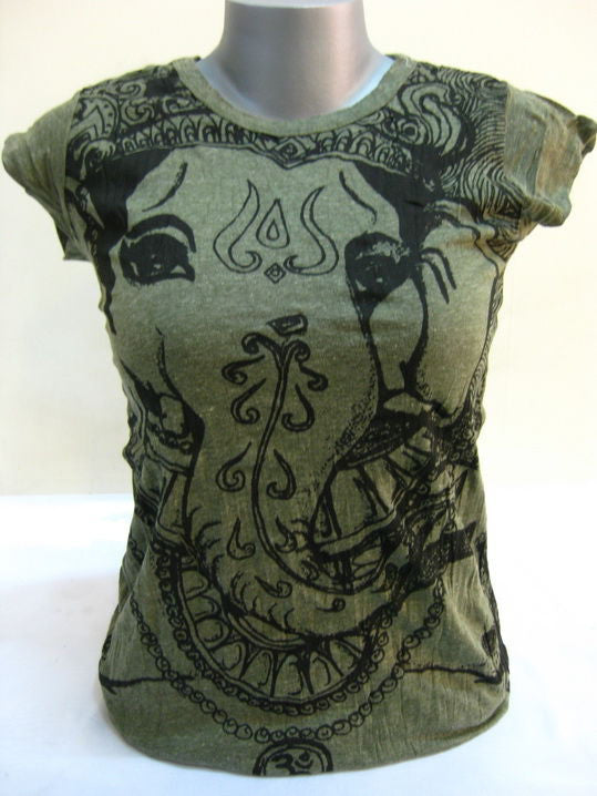 Womens Green Big Face Ganesh T-Shirt