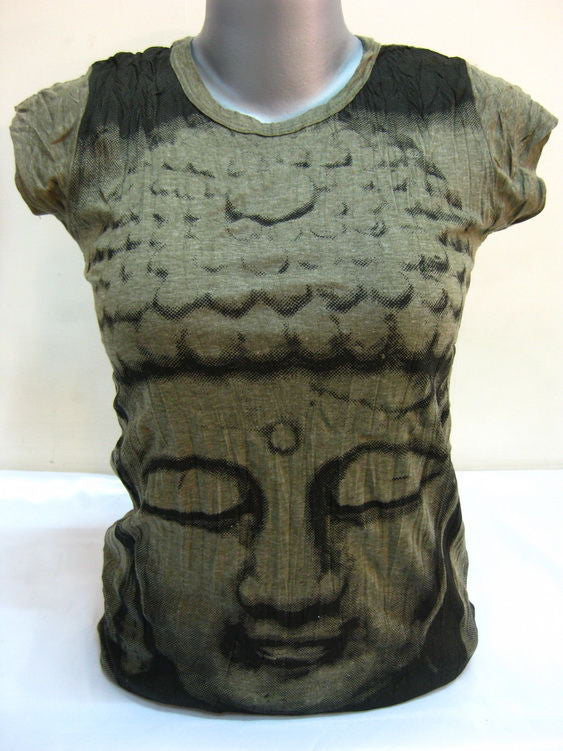 Womens Green Big Face Buddha T-Shirt