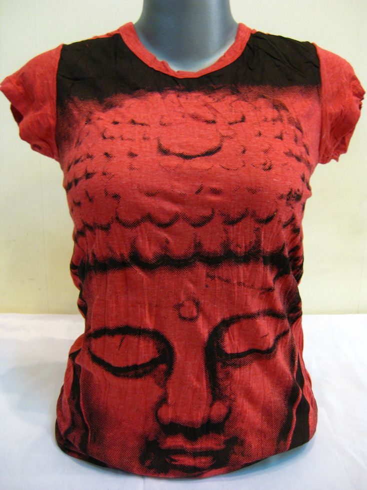 Womens Red Big Face Buddha T-Shirt