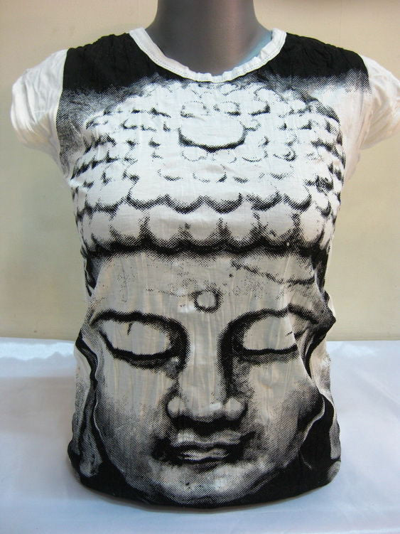 Womens White Big Face Buddha T-Shirt