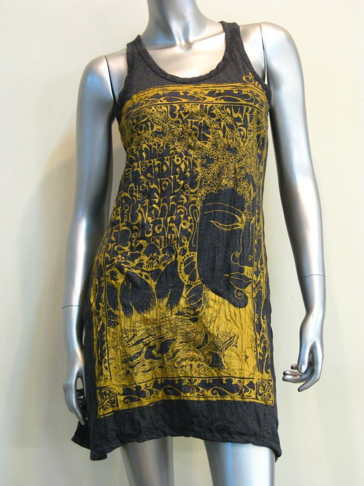 Womens Gold on Black Sanskrit Buddha Tank Dress