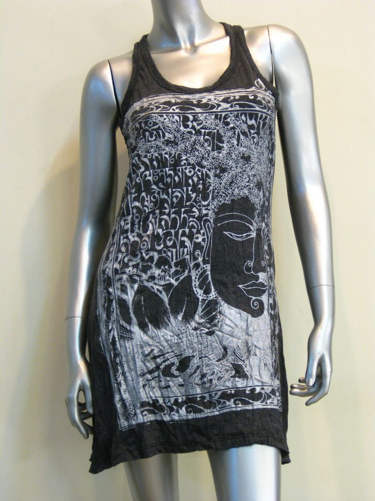Womens Silver on Black Sanskrit Buddha Tank Dress
