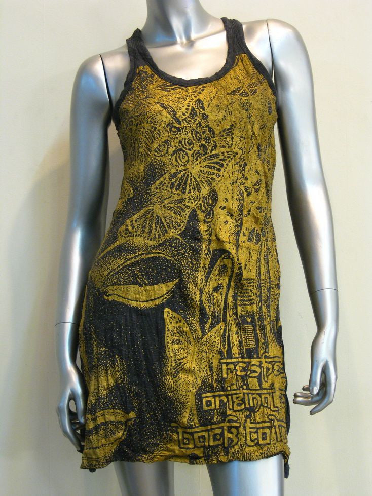 Womens Gold on Black Butterfly Buddha Tank Dress