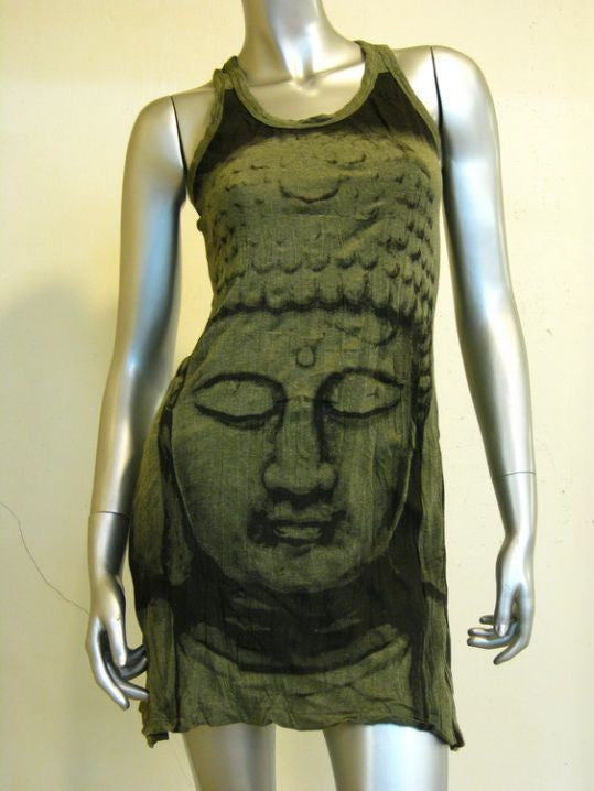 Womens Green Big Face Buddha Tank Dress
