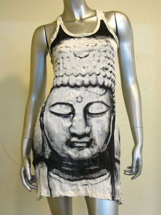 Womens White Big Face Buddha Tank Dress