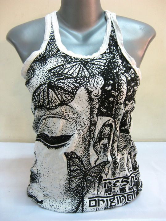 Womens White Butterfly Buddha Tank Top
