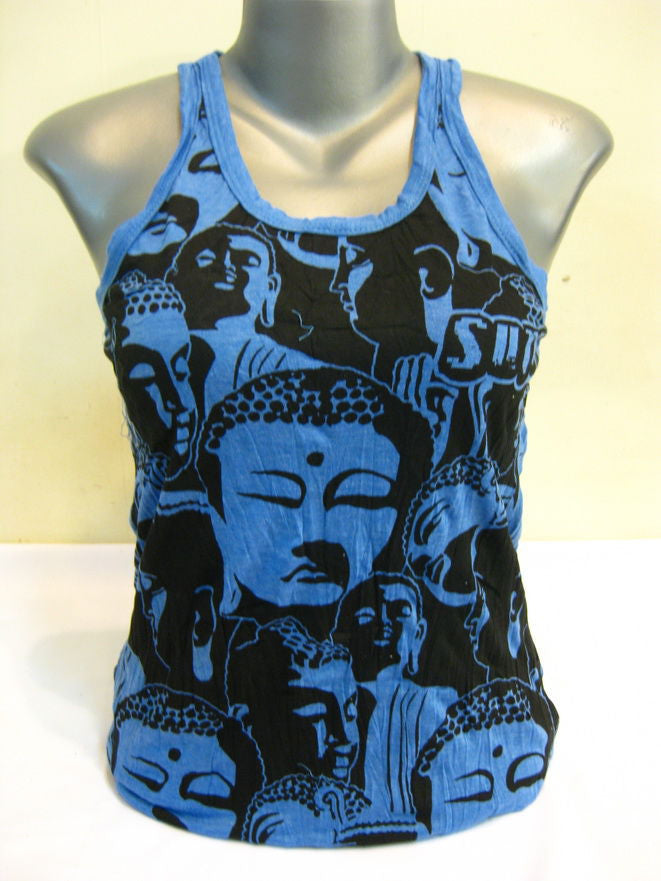 Womens Blue Multi Buddha Faces Tank Top