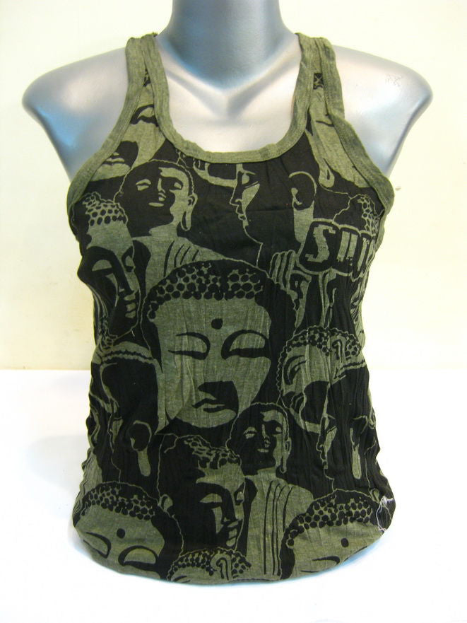 Womens Green Multi Buddha Faces Tank Top