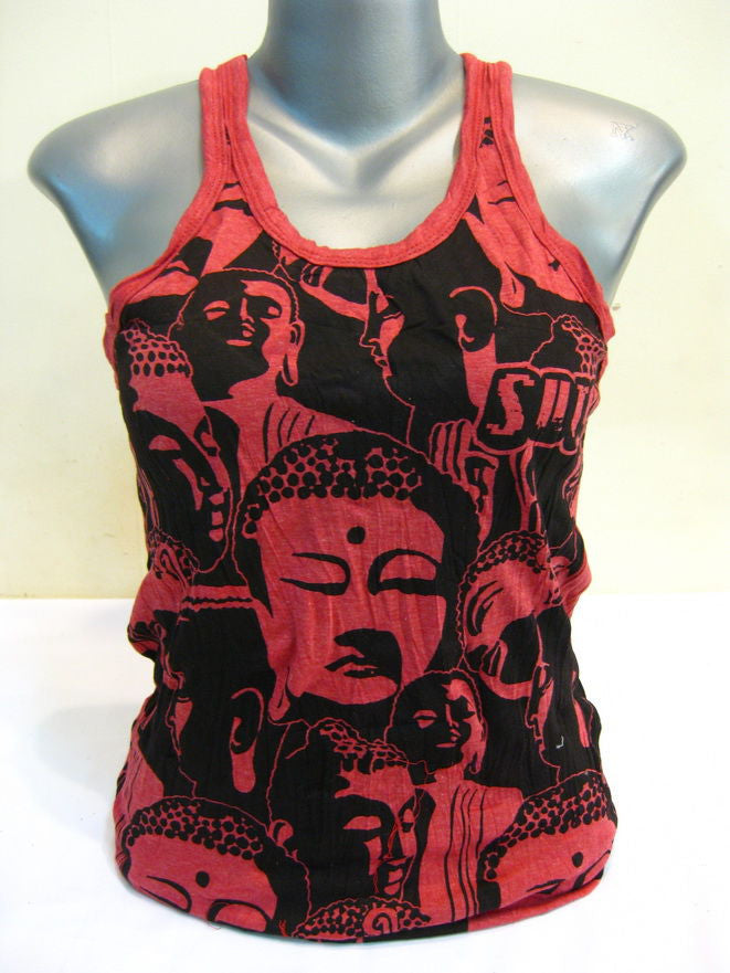 Womens Red Multi Buddha Faces Tank Top