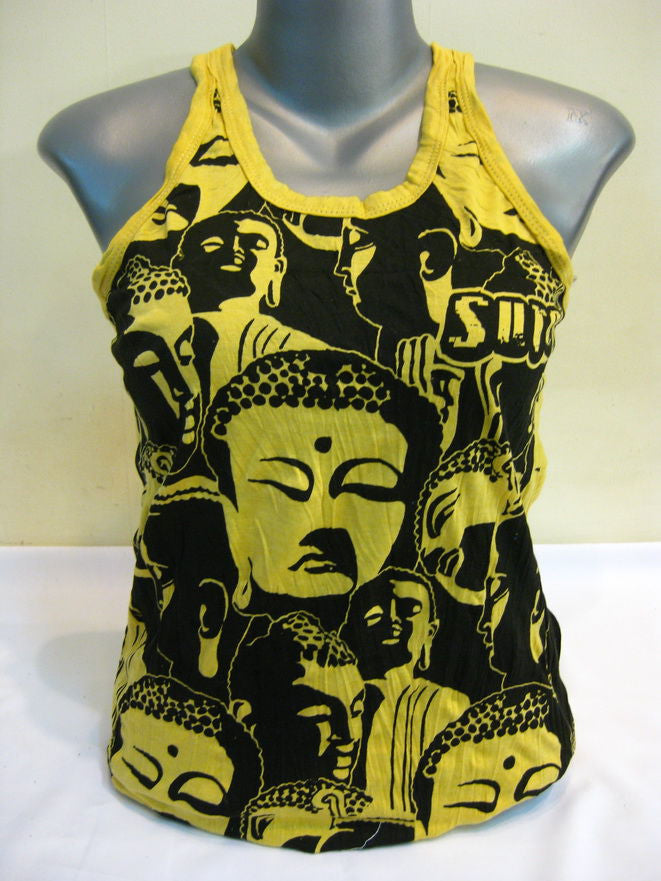 Womens Yellow Multi Buddha Faces Tank Top