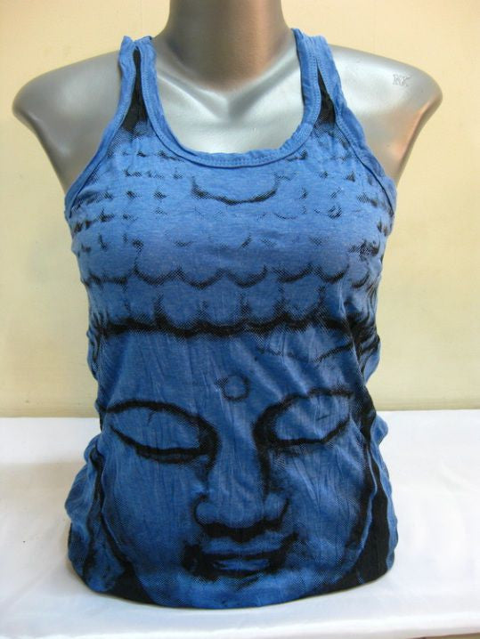 Womens Blue Big Face Buddha Tank Top