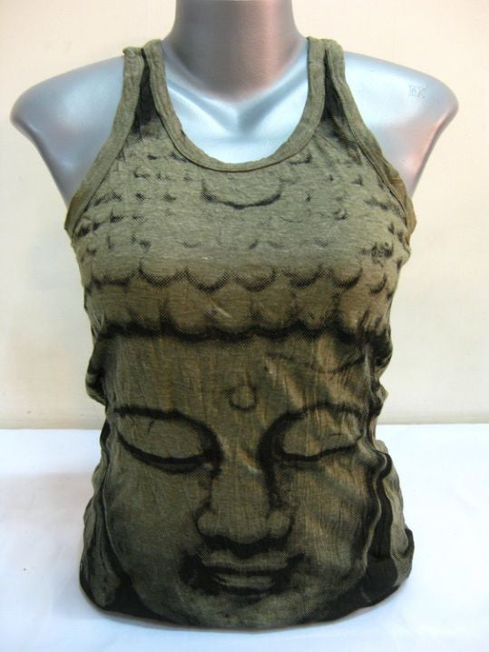 Womens Green Big Face Buddha Tank Top