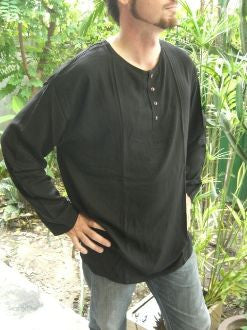 Mens Black Thai Cotton Yoga Shirt Long Sleeve T-Shirts