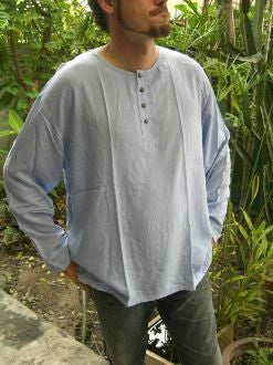 Mens Blue Thai Cotton Yoga Shirt Long Sleeve T-Shirts