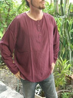 Mens Maroon Thai Cotton Yoga Shirt Long Sleeve T-Shirts